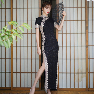 黑色改良蕾丝长旗袍2024年新款中国风日常可穿短袖显瘦连衣裙优雅