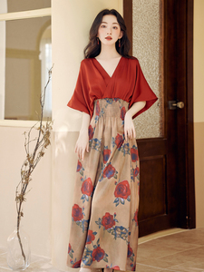 新中式复古民族风假两件红色连衣裙高级感小众设计绝美长裙子夏季