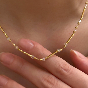 黄铜镀金金色花管拼接白水晶串珠小众项链法式复古锁骨链女高级感