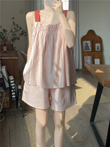 夏季韩版甜美粉色全棉撞色宽松吊带套装睡衣女棉麻外穿家居服睡裙