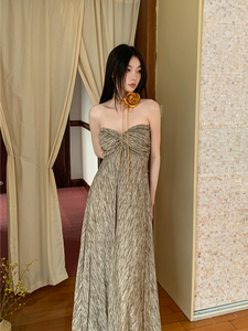 新中式轻国风复古针织棉抹胸垂坠感长裙女夏季性感气质修身连衣裙