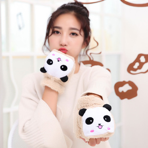 秋冬季韩版女加厚保暖可爱卡通熊猫手套翻盖两用毛绒半指手套学生