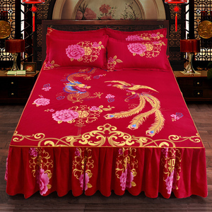 纯棉大红色中式床裙单件婚庆结婚龙凤床罩三件套全棉磨毛防滑床套