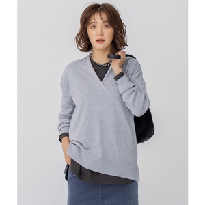 23区轻熟时尚女士交叉V领羊毛衫针织衫毛衣日本限定蓝灰色米色