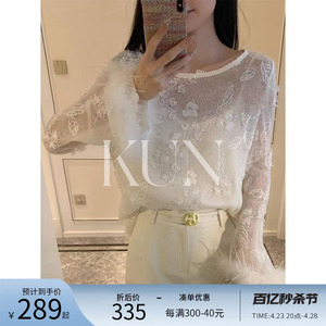KUN【新贵千金】米白色法式蕾丝衬衫女圆领拼接上衣2024早春新款