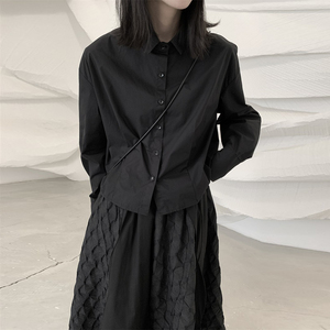 山本暗黑风原创设计师长袖衬衫女春季新款黑色打底衫小众宽松上衣