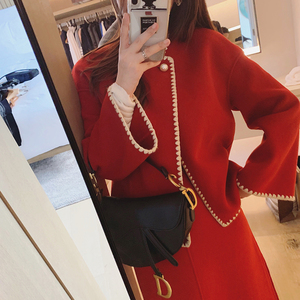 秋冬2024新款时尚小香风高级感女装御姐红色呢子半裙名媛两件套装