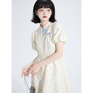 夏季新中式改良旗袍连衣裙短袖女小个子日系甜美少女收腰花苞裙子