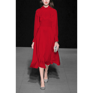 HISUNDAY秋装女装2021红色蕾丝长裙气质名媛长袖显瘦中长款连衣裙