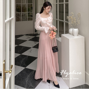 Flyalice韩国代购 拿捏粉色仙女裙~风琴褶皱飘逸雪纺长裙半身裙