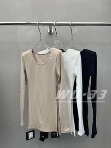 WU.33韩版冬季加绒垫肩开叉长袖修身显瘦圆领中长款打底上衣T恤女