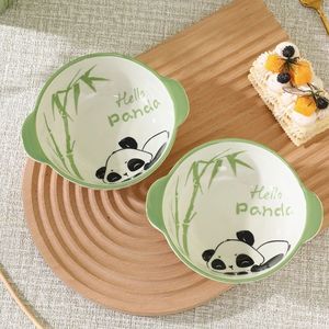 卡通熊猫果奈双耳碗家用可爱儿童碗勺子组合耐高温釉下彩陶瓷饭碗