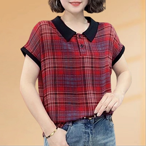 格子娃娃领短袖衬衫女2024夏季新款复古时尚轻薄透气T恤休闲上衣