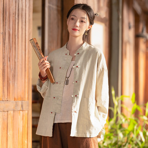 24新中式女装初夏复古立领缠线盘扣上衣开衫女式棉麻国风唐装外套