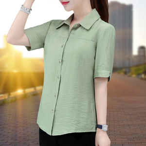 女士短袖衬衫2024夏季新款韩版修身显瘦减龄中年妈妈棉麻小衫上衣