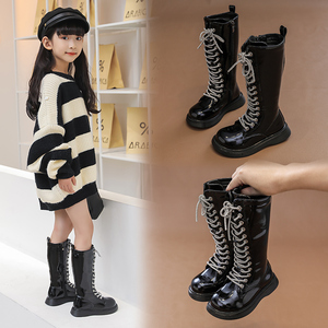 女童长靴2023冬季新款儿童高筒靴韩版女孩骑士单靴加绒防水皮高靴