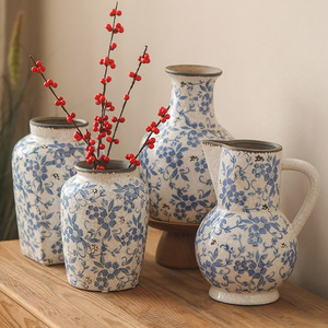 仿古蓝彩花器冰裂纹乡村复古做旧客厅小口大肚子青花陶瓷花瓶摆件