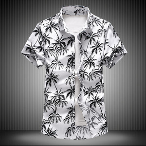 理发师花衬衫白色碎花椰子树图案印花衣服花纹衬衫短袖男夏季修身