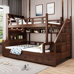中式全实木双层床高箱高低床书柜儿童子母上下铺木床上下床多功能