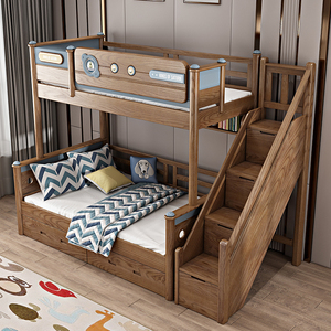 儿童白蜡木高低床上下床美式两层子母床多功能实木双层床上下铺床