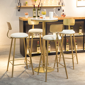 现代金色铁艺吧台桌酒吧台咖啡厅奶茶店专用理石吧桌吧椅高脚圆桌
