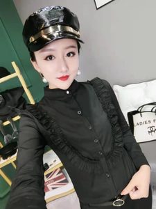 时尚大码衬衫女2023春秋季新款木耳领韩版纯色长袖修身弹力衬衣
