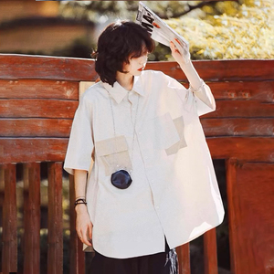 日系复古工装短袖衬衫女拼接口袋中性风潮流休闲宽松情侣衬衣外套