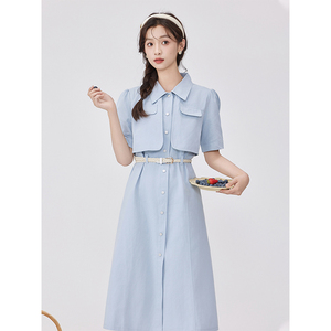 裙子女2024夏季新款教资面试穿搭学院风假两件蓝色衬衫文艺连衣裙