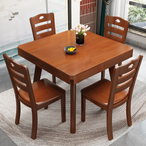 实木餐桌家用小户型方桌可变圆桌四面折叠圆形全实木方圆两用饭桌