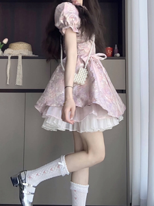 粉色泡泡袖连衣裙2024新款女夏季小个子收腰又甜又辣公主蓬蓬裙子