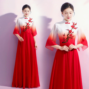 新款成人女士合唱服修身中国风古筝奏服装红歌大合唱演出服女长裙