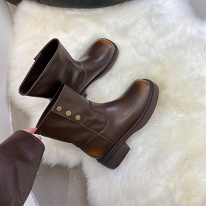 棕色厚底短筒骑士靴女靴子2024年秋冬新款复古方头短靴增高马丁靴