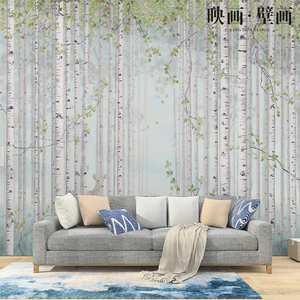 北欧手绘麋鹿树林风景壁纸现代白桦林壁画客厅电视背景墙纸墙布