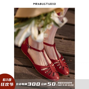 真皮法式复古镂空仙女超仙森系红色纯皮平底包头玛丽珍凉鞋女夏季