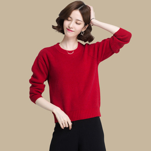 红色短款毛衣女春秋洋气外穿宽松小款长袖针织衫上衣配高腰裤裙子