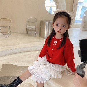 女童开衫毛衣春秋季韩版3-5岁小女孩2赫本风珍珠领针织红色毛线衫