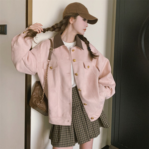 粉色麂皮绒工装外套女春秋2024新款甜美小个子学院风休闲夹克上衣