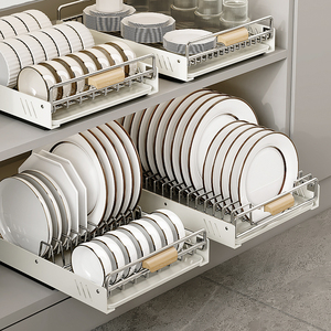 不锈钢碗碟盘收纳架抽屉式拉篮厨房橱柜沥水碗架免打孔抽拉式碗篮