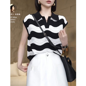 黑白撞色条纹镂空冰丝针织衫夏季韩版气质显瘦打底衫短袖t恤上衣
