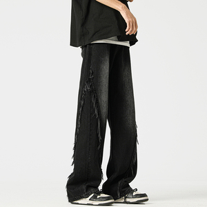 黑色水洗牛仔裤男士夏季薄款美式高街vibe设计感小众宽松直筒裤子