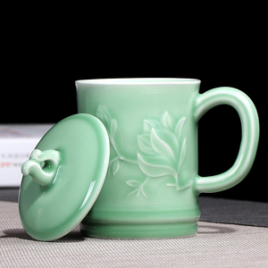 茶杯龙泉青瓷会议杯大容量杯将军杯办公室喝茶杯陶瓷杯带盖杯子