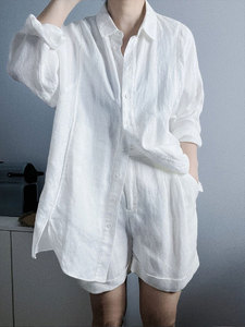 （现货）法式白色翻领苎麻棉麻防晒衬衫女夏季薄款款衬衣亚麻上衣