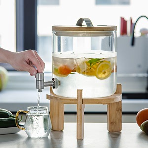 大容量冷水壶带龙头家用玻璃饮料水果茶冷泡瓶聚会冰凉水桶耐高温
