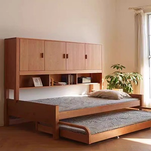 日式实木儿童床1.2米北欧小户型樱桃木床柜一体床双层隐形抽拉床