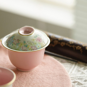 云由山坊景德镇粉彩万花盖碗手工手绘陶瓷中式单个泡茶碗