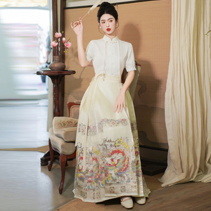 新中式国风织金马面裙缎面暗花短袖衬衣立领对扣重工长袖超大裙摆