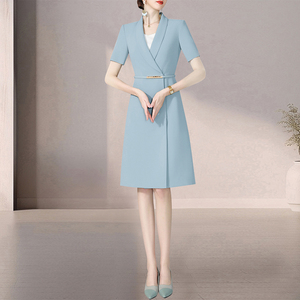 蓝色女士职业装正式场合连衣裙西服裙修身主持人礼仪高端夏季工装