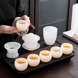 羊脂白玉茶具中国风玉石茶壶琉璃茶杯纯白玉瓷盖碗杯子整套装礼盒