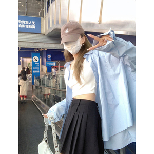 蓝色长袖衬衫女夏夏季设计感小众中长款衬衣防晒外套韩系开衫上衣