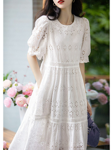 外贸原单意大利女士高端优雅法式洋气甜美白色蕾丝刺绣全棉连衣裙